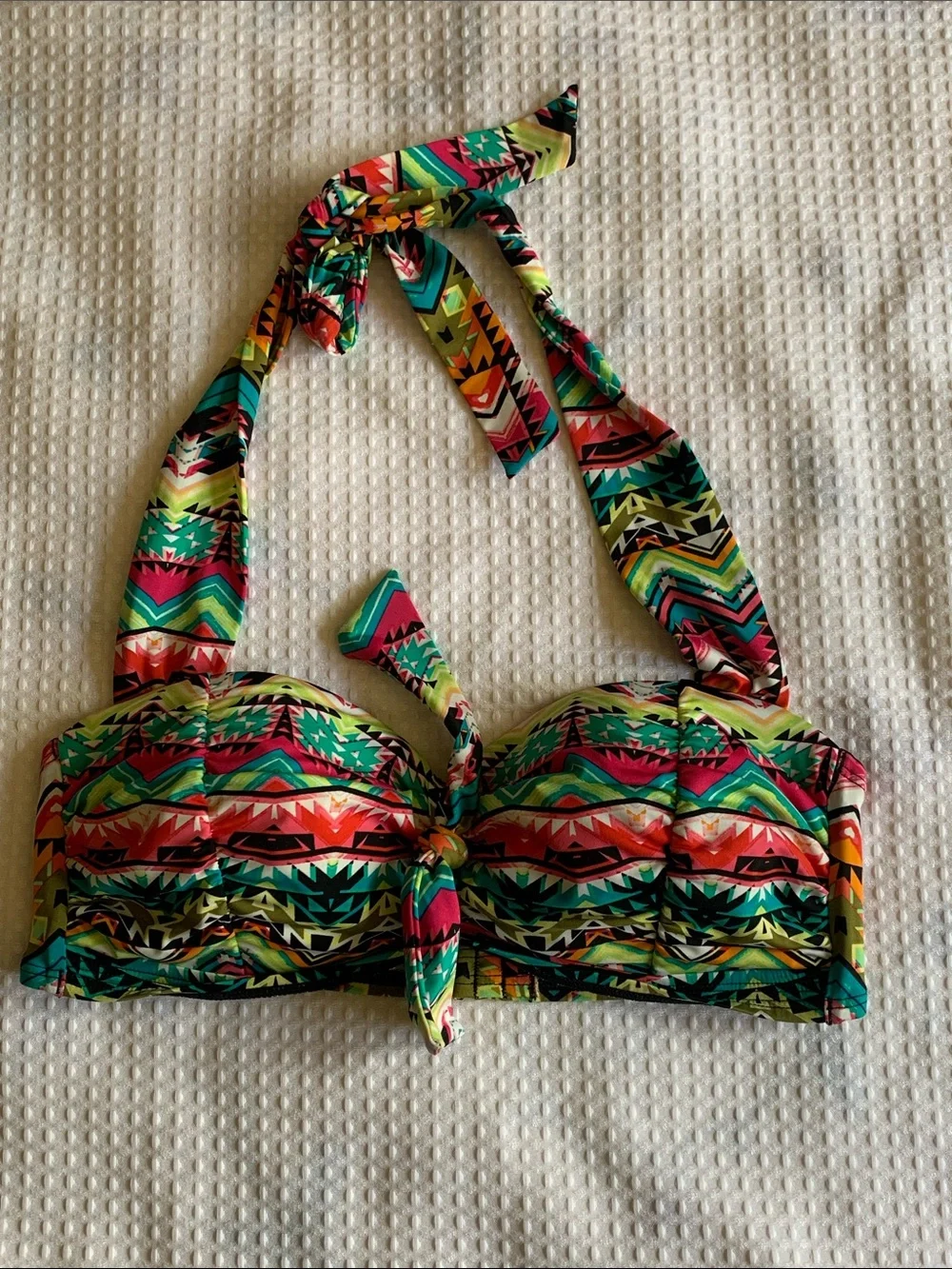 Janzteen Tulum Vibrant Aztec Multicolored Tie Front Halter Bikini Top size 8